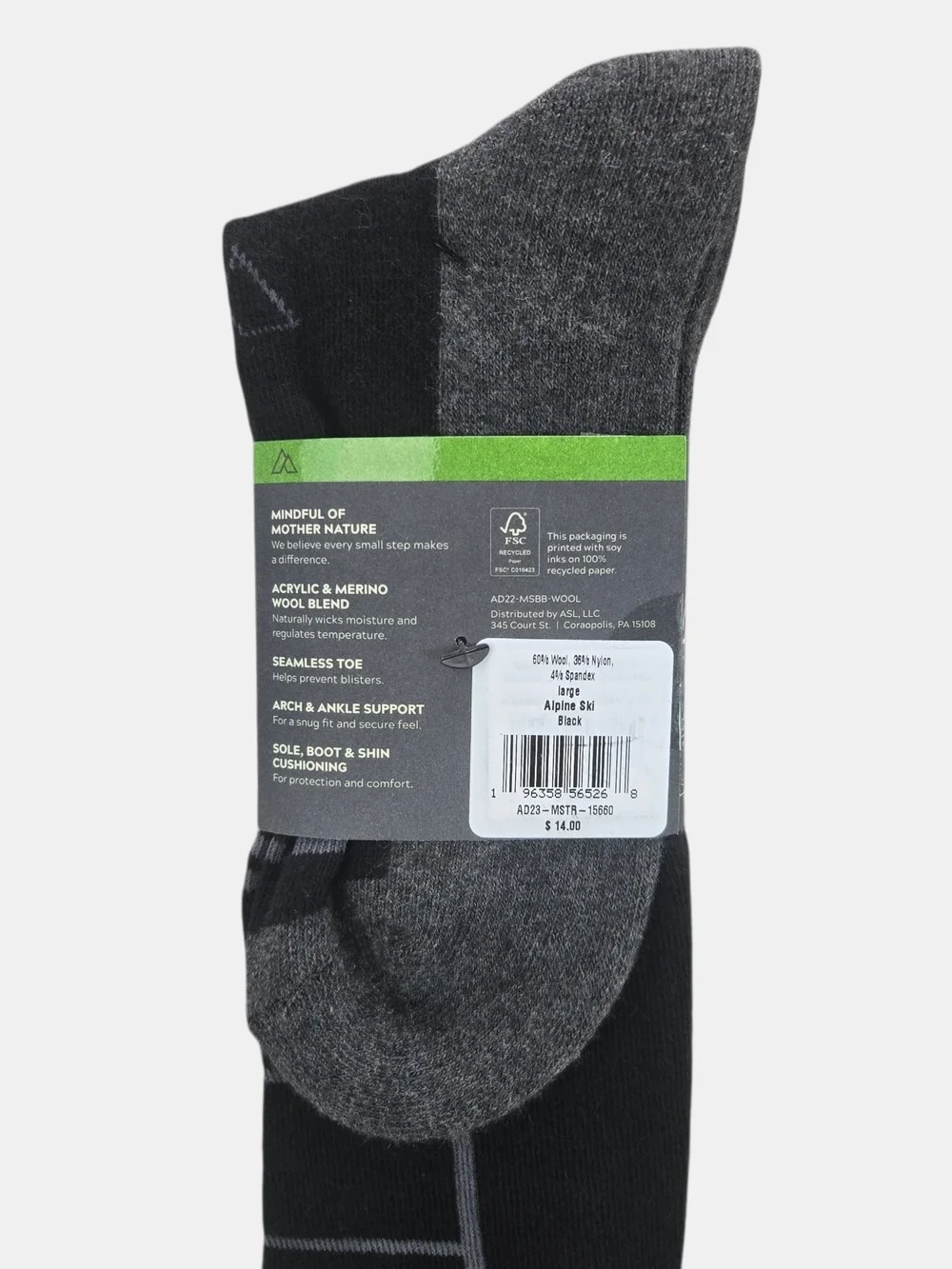 Alpine Design Calf Cut Merino Wool Hiking Socks Medium Width Black 8-12 Large
